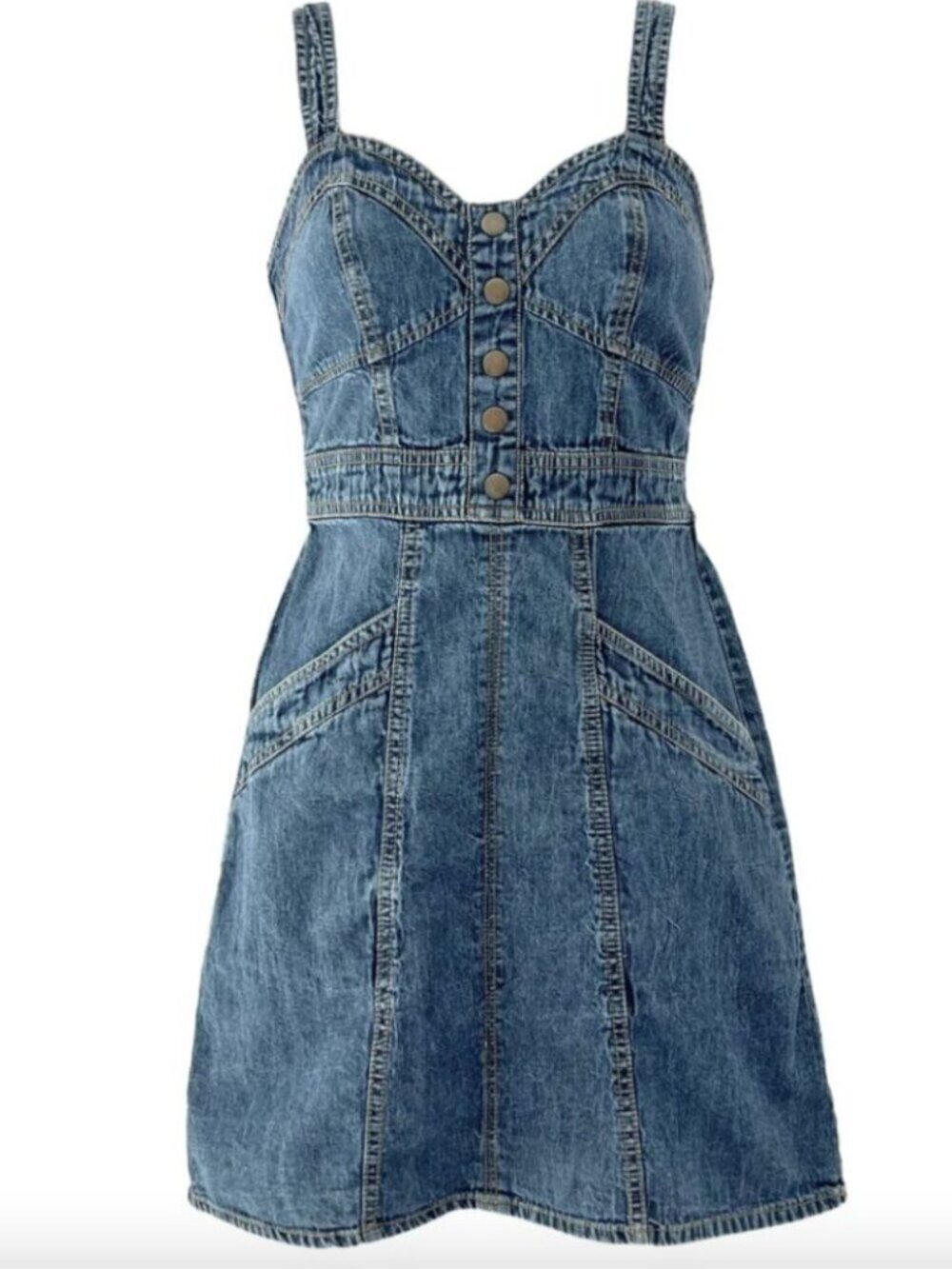 Japna Blue Denim Sweetheart Mini Dress with Faux Button Retro Coastal Cowgirl S - Picture 2 of 10